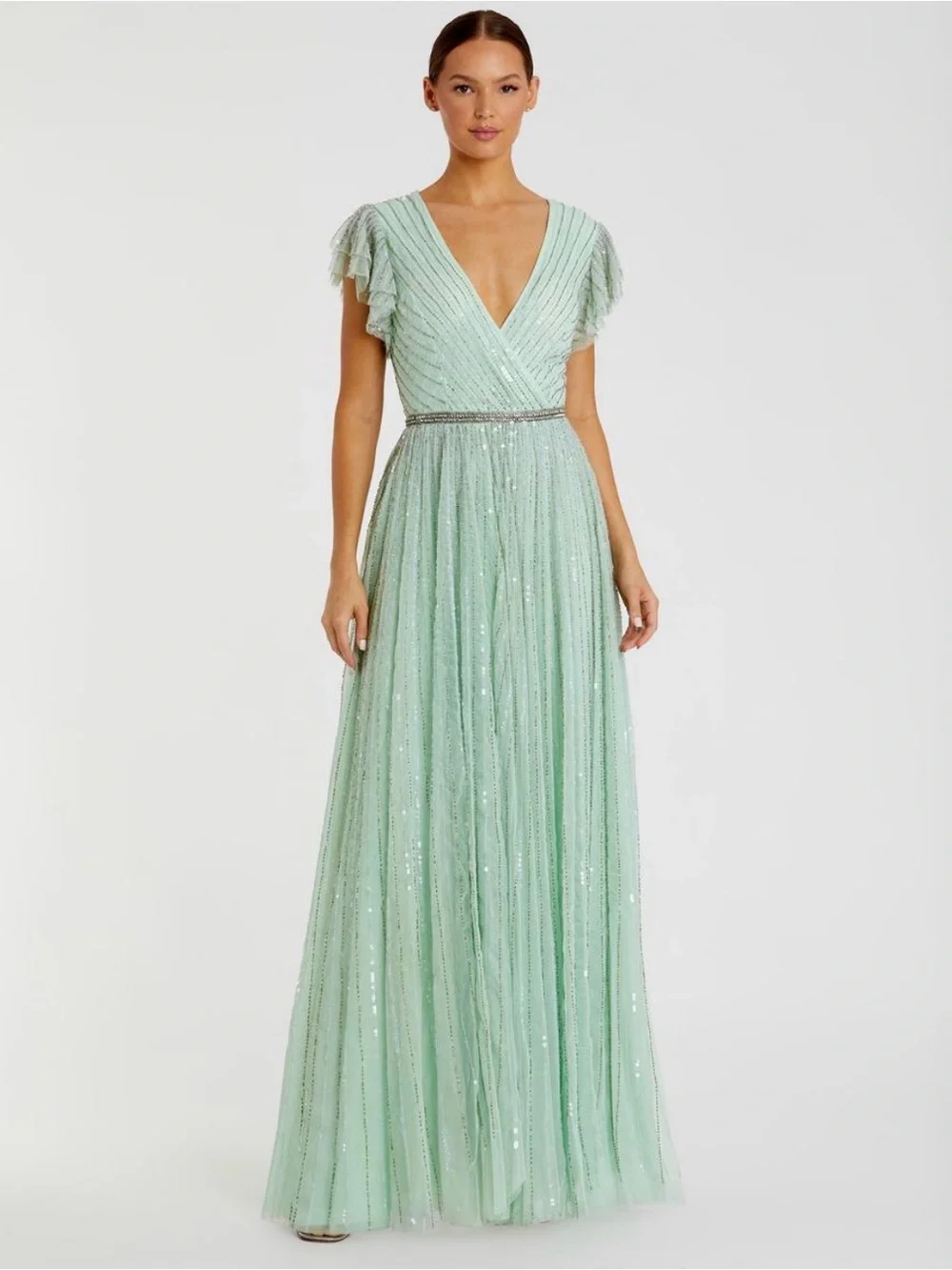 Mac Duggal Mint Green Beaded Ruffle Sleeve Maxi Gown